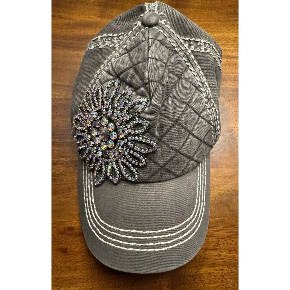 Olive and Pique Rhinestone Ball Cap Bling Rhinestone Crystal Flower Glass Design - Picture 1 of 7